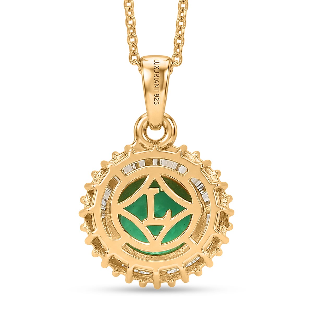 Luxuriant - AAA Lab Grown Columbian Emerald & Lab Grown Diamond (SI-G-H) Halo Pendant with Chain (Size 20) in 18K Vermeil Yellow Gold Plated Sterling Silver 1.64 Ct.
