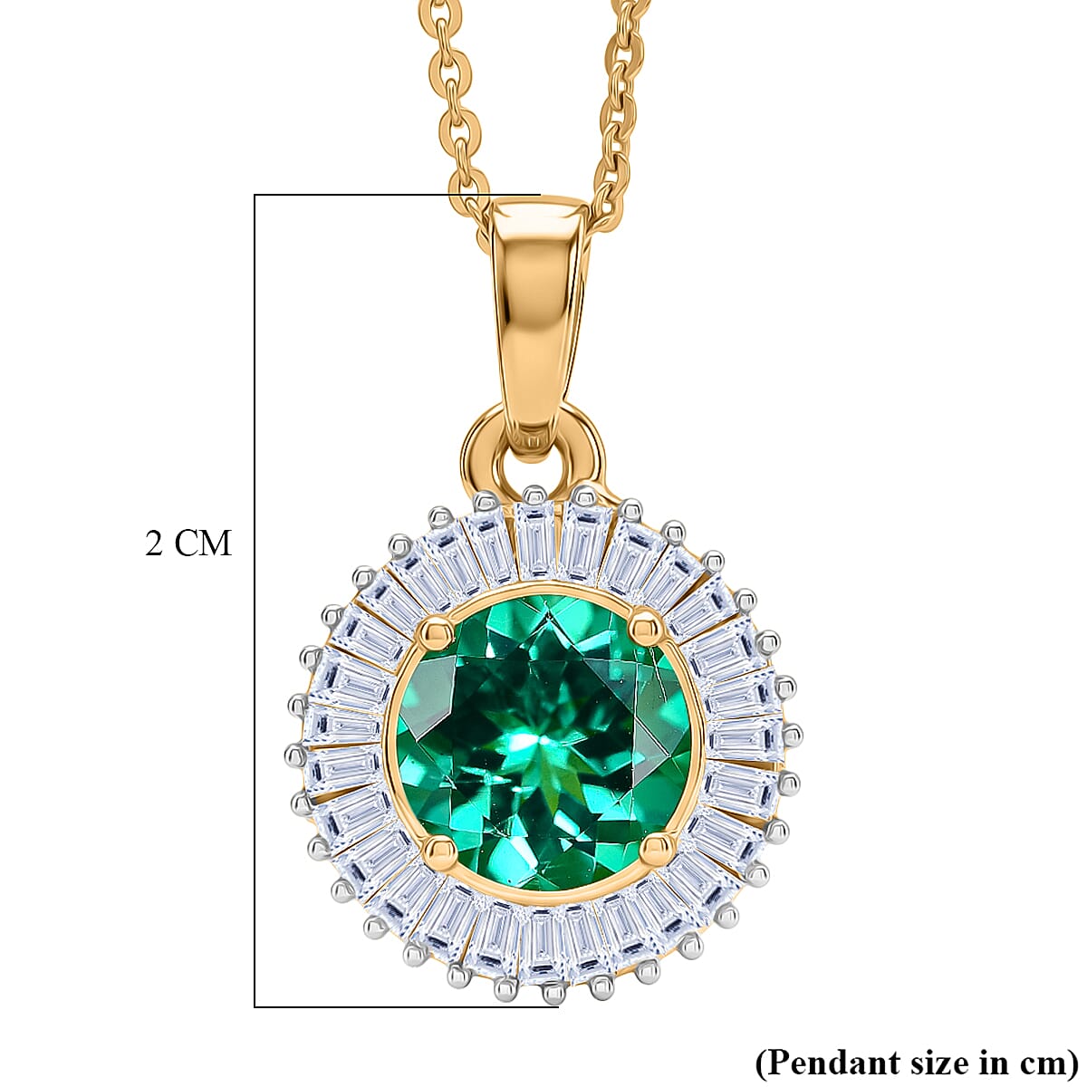 Luxuriant - AAA Lab Grown Columbian Emerald & Lab Grown Diamond (SI-G-H) Halo Pendant with Chain (Size 20) in 18K Vermeil Yellow Gold Plated Sterling Silver 1.64 Ct.