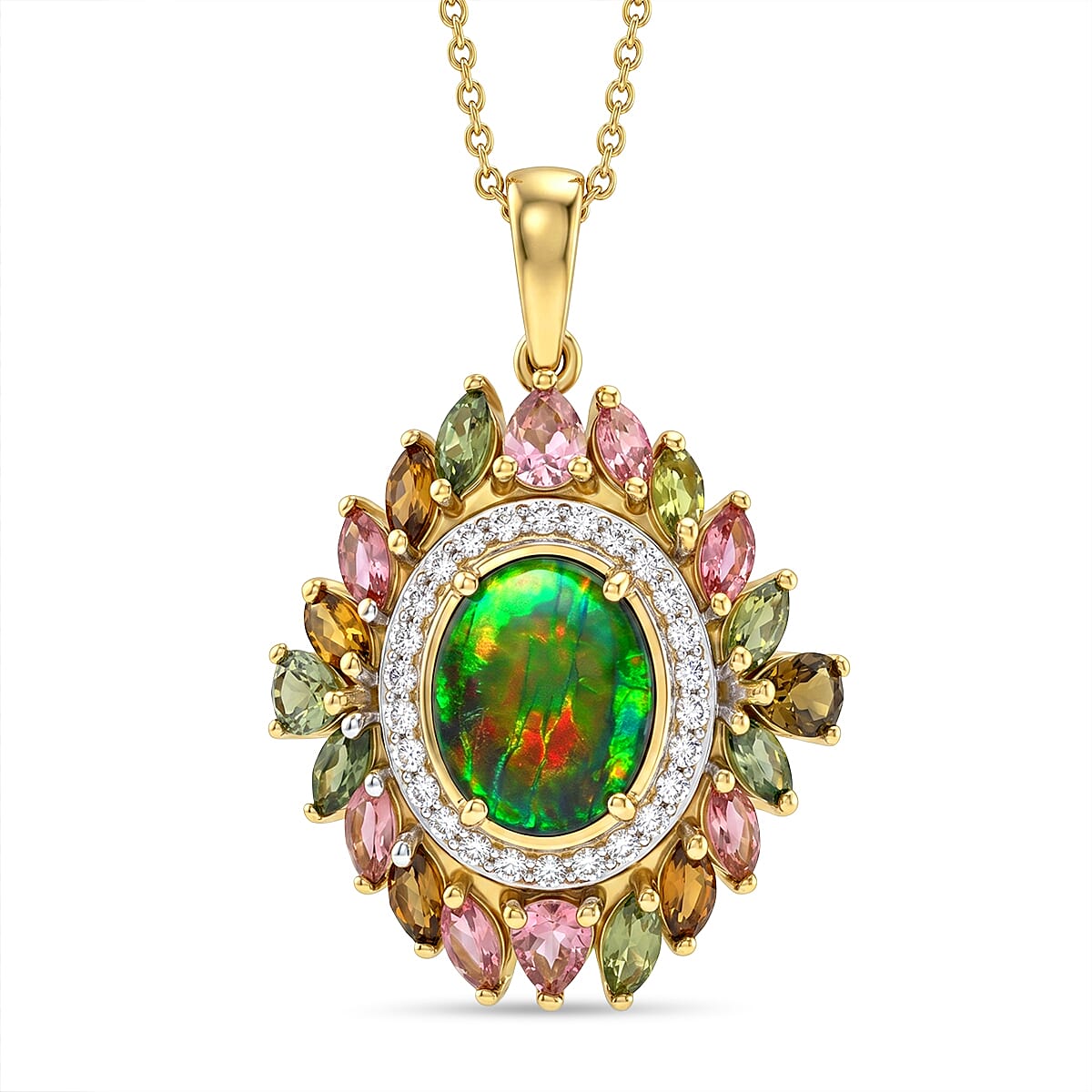 D'Joy - Ammolite, Multi-Tourmaline & White Zircon Pendant with Chain (Size 20) in 18K Vermeil Yellow Gold Plated Sterling Silver 4.70 Ct.