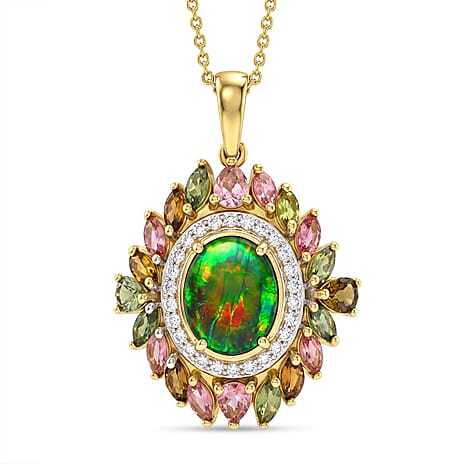 D'Joy - Ammolite, Multi-Tourmaline & White Zircon Pendant with Chain (Size 20) in 18K Vermeil Yellow Gold Plated Sterling Silver 4.70 Ct.