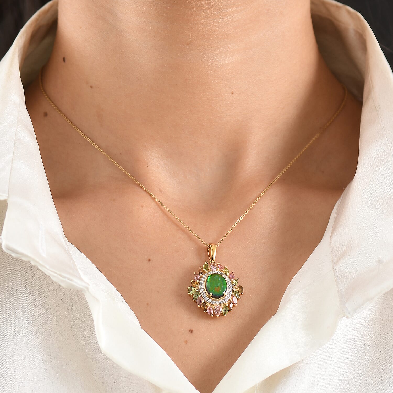 D'Joy - Ammolite, Multi-Tourmaline & White Zircon Pendant with Chain (Size 20) in 18K Vermeil Yellow Gold Plated Sterling Silver 4.70 Ct.