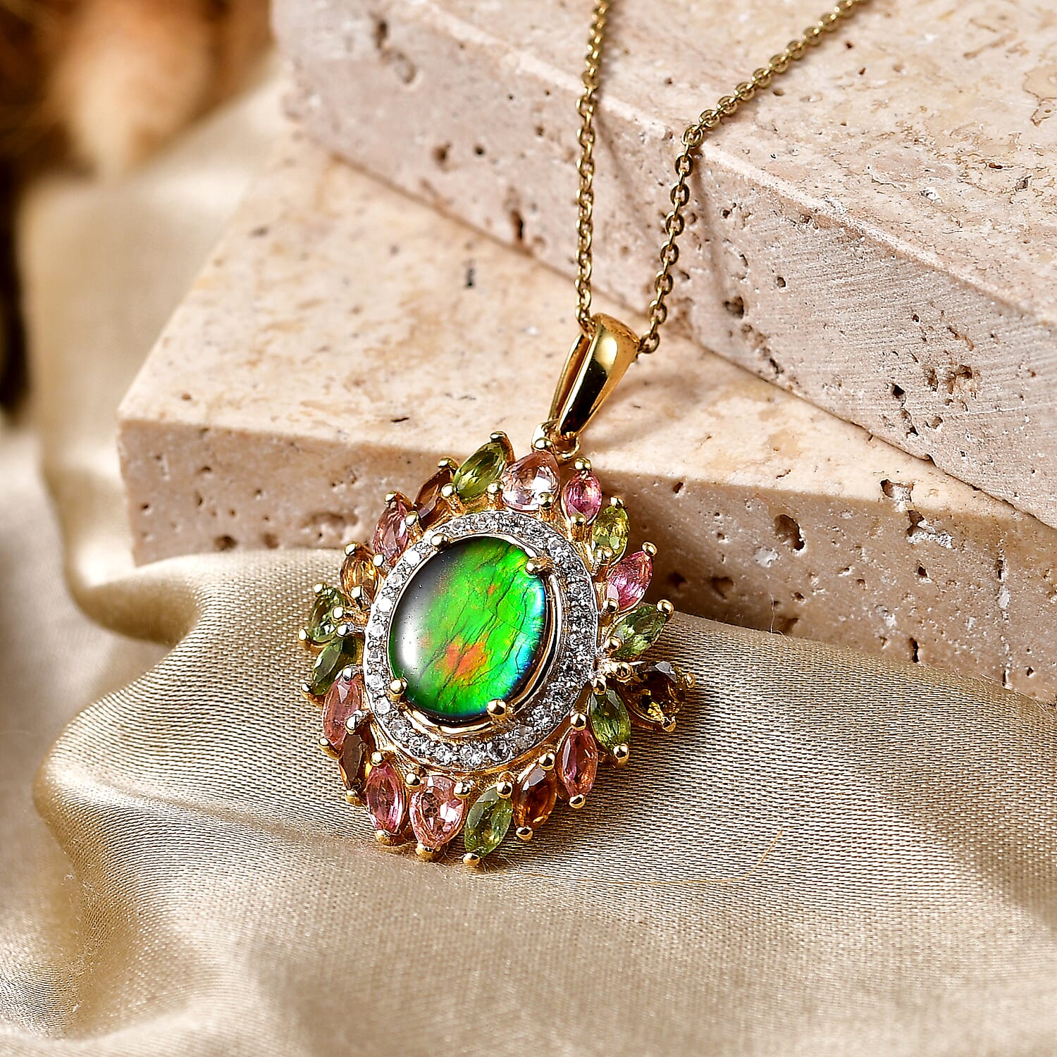 D'Joy - Ammolite, Multi-Tourmaline & White Zircon Pendant with Chain (Size 20) in 18K Vermeil Yellow Gold Plated Sterling Silver 4.70 Ct.