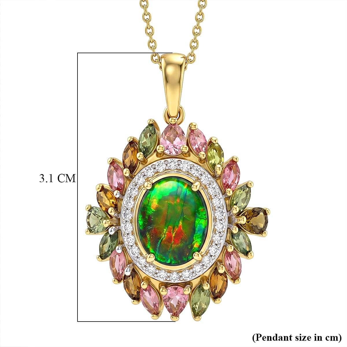 D'Joy - Ammolite, Multi-Tourmaline & White Zircon Pendant with Chain (Size 20) in 18K Vermeil Yellow Gold Plated Sterling Silver 4.70 Ct.