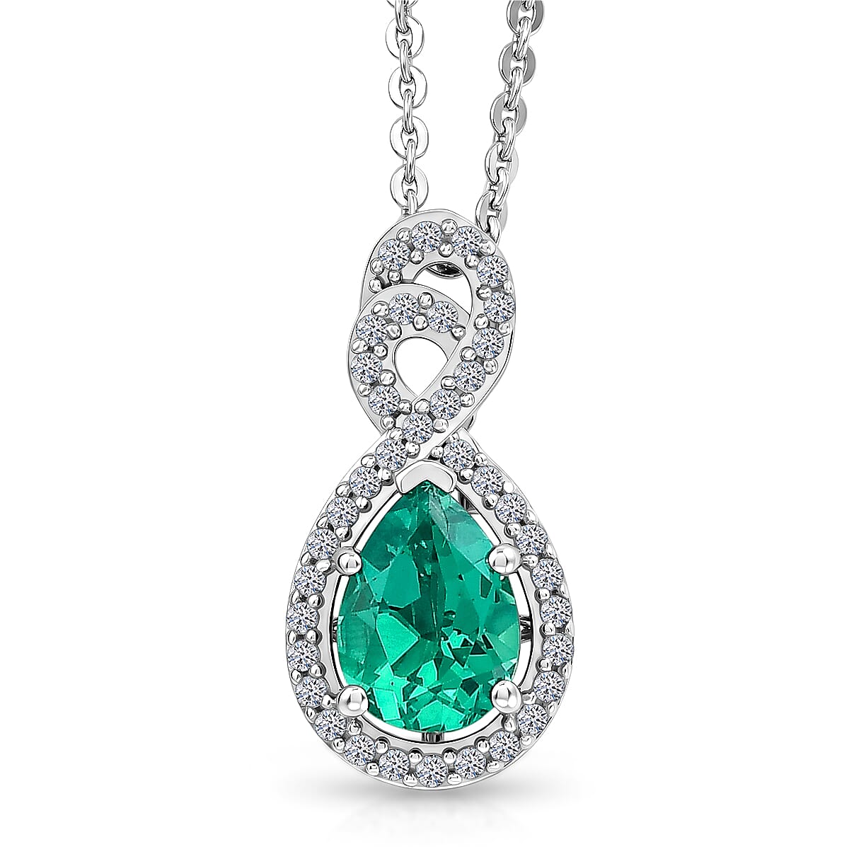 Luxuriant - AAA Lab Grown Columbian Emerald & White Zircon Infinity Pendant with Chain (Size 20) in Rhodium Overlay Sterling Silver