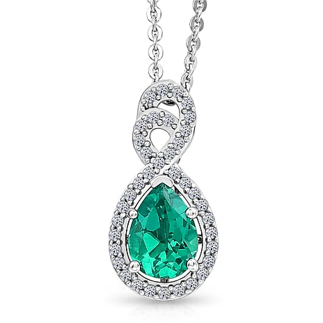 Luxuriant - AAA Lab Grown Columbian Emerald & White Zircon Infinity Pendant with Chain (Size 20) in Rhodium Overlay Sterling Silver