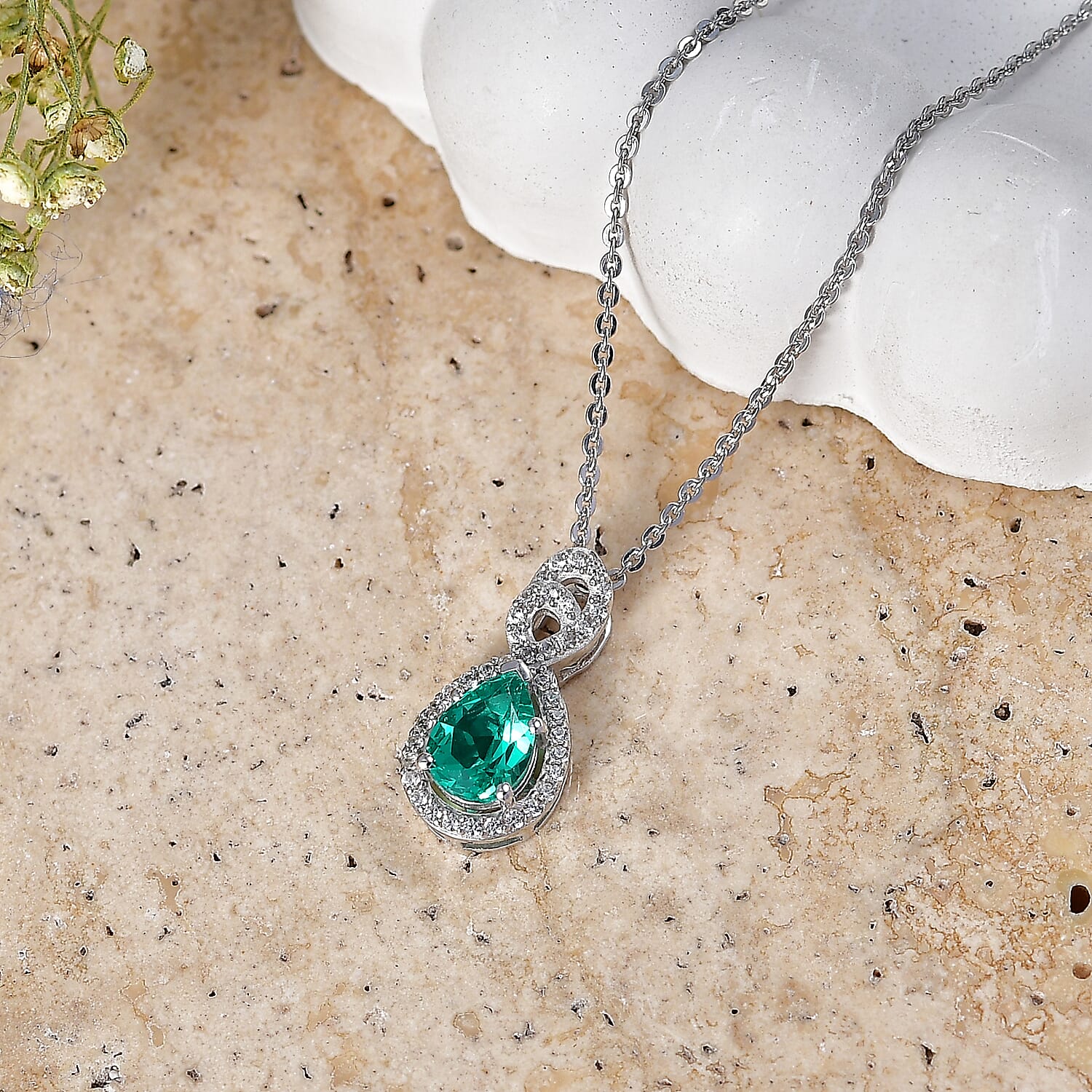 Luxuriant - AAA Lab Grown Columbian Emerald & White Zircon Infinity Pendant with Chain (Size 20) in Rhodium Overlay Sterling Silver