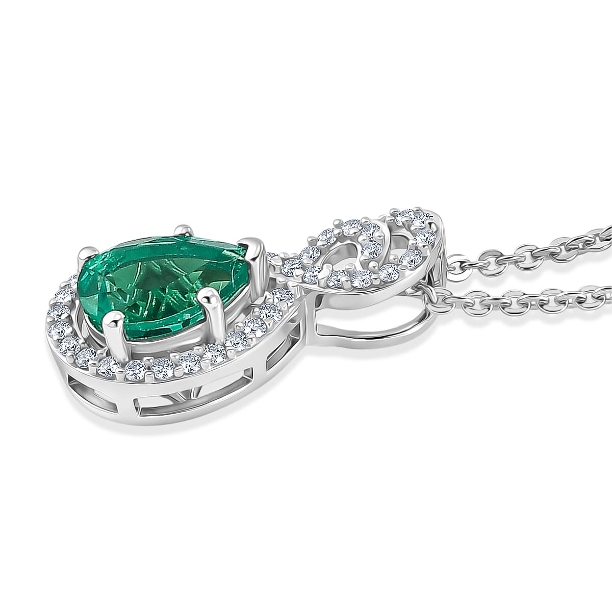 Luxuriant - AAA Lab Grown Columbian Emerald & White Zircon Infinity Pendant with Chain (Size 20) in Rhodium Overlay Sterling Silver