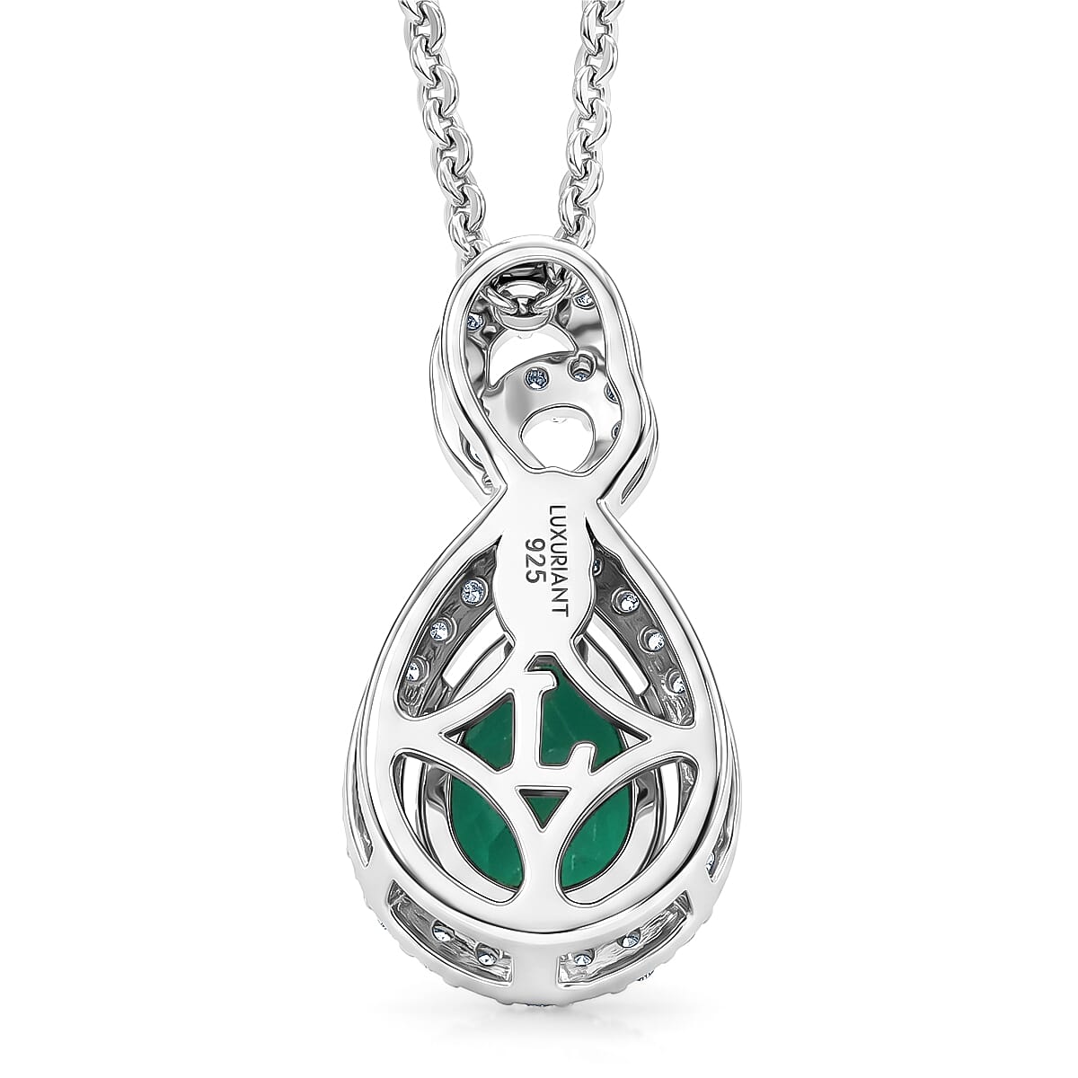 Luxuriant - AAA Lab Grown Columbian Emerald & White Zircon Infinity Pendant with Chain (Size 20) in Rhodium Overlay Sterling Silver