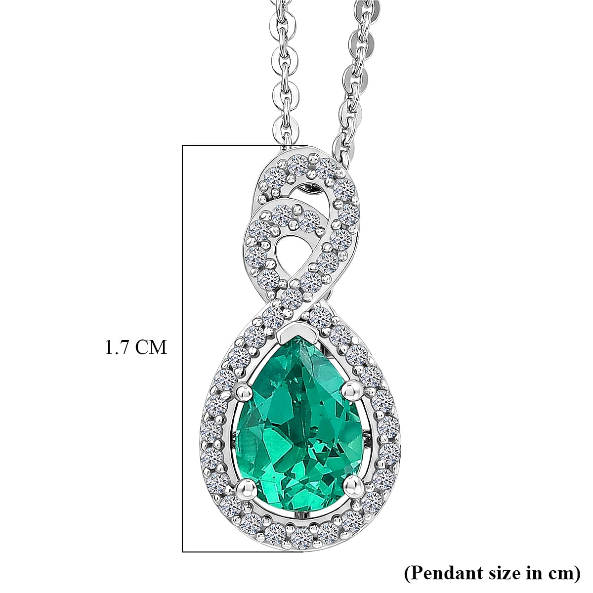 Luxuriant - AAA Lab Grown Columbian Emerald & White Zircon Infinity Pendant with Chain (Size 20) in Rhodium Overlay Sterling Silver