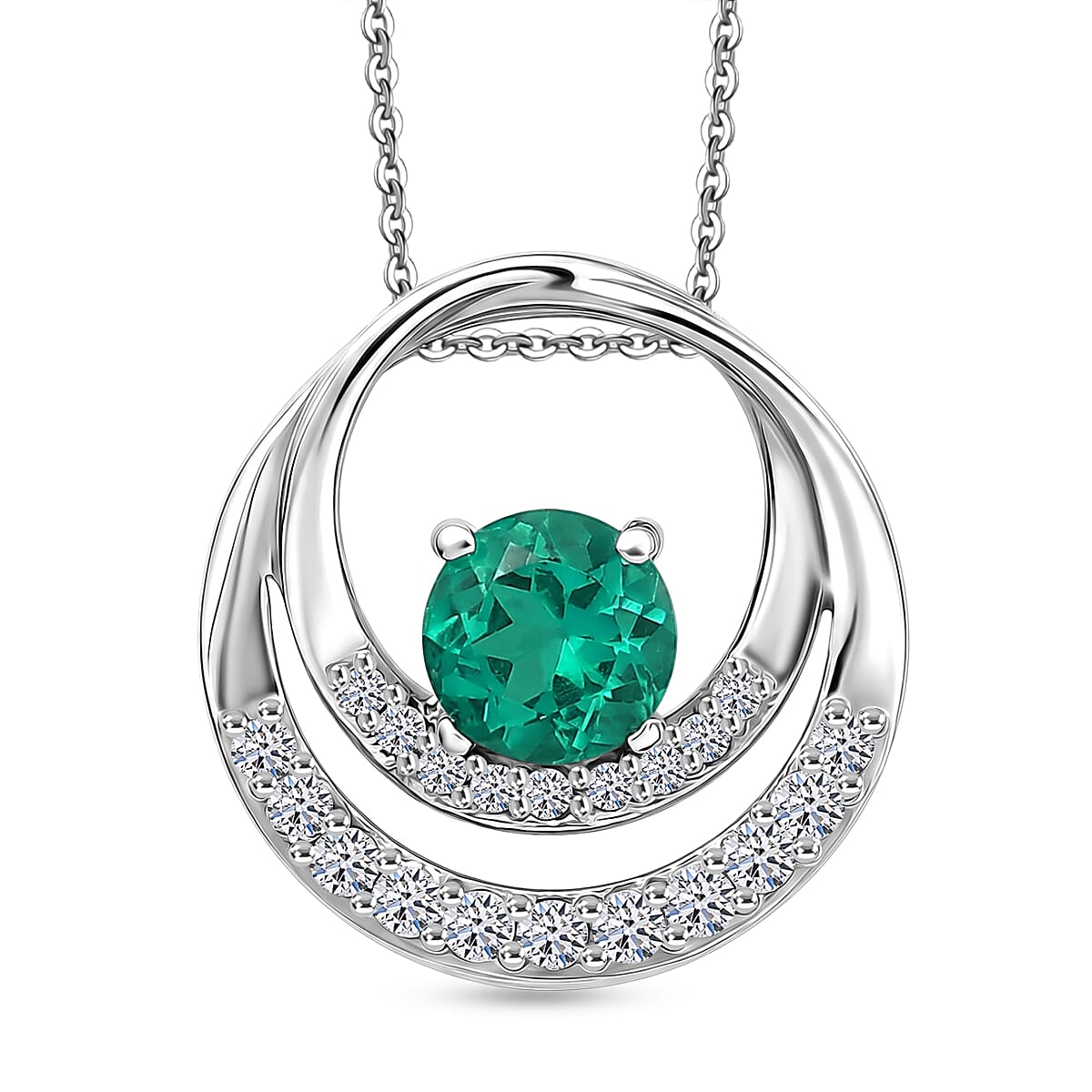 Luxuriant - AAA Lab Grown Columbian Emerald & Lab Grown Diamond (SI-G-H) Orbit Design Pendant with Chain (Size 20) in Rhodium Overlay Sterling Silver 0.67 Ct.