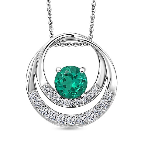 Luxuriant - AAA Lab Grown Columbian Emerald & Lab Grown Diamond (SI-G-H) Orbit Design Pendant with Chain (Size 20) in Rhodium Overlay Sterling Silver 0.67 Ct.