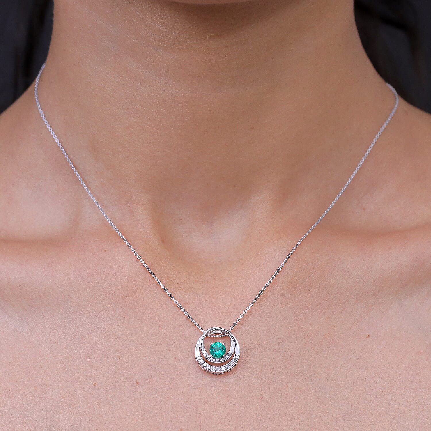 Luxuriant - AAA Lab Grown Columbian Emerald & Lab Grown Diamond (SI-G-H) Orbit Design Pendant with Chain (Size 20) in Rhodium Overlay Sterling Silver 0.67 Ct.