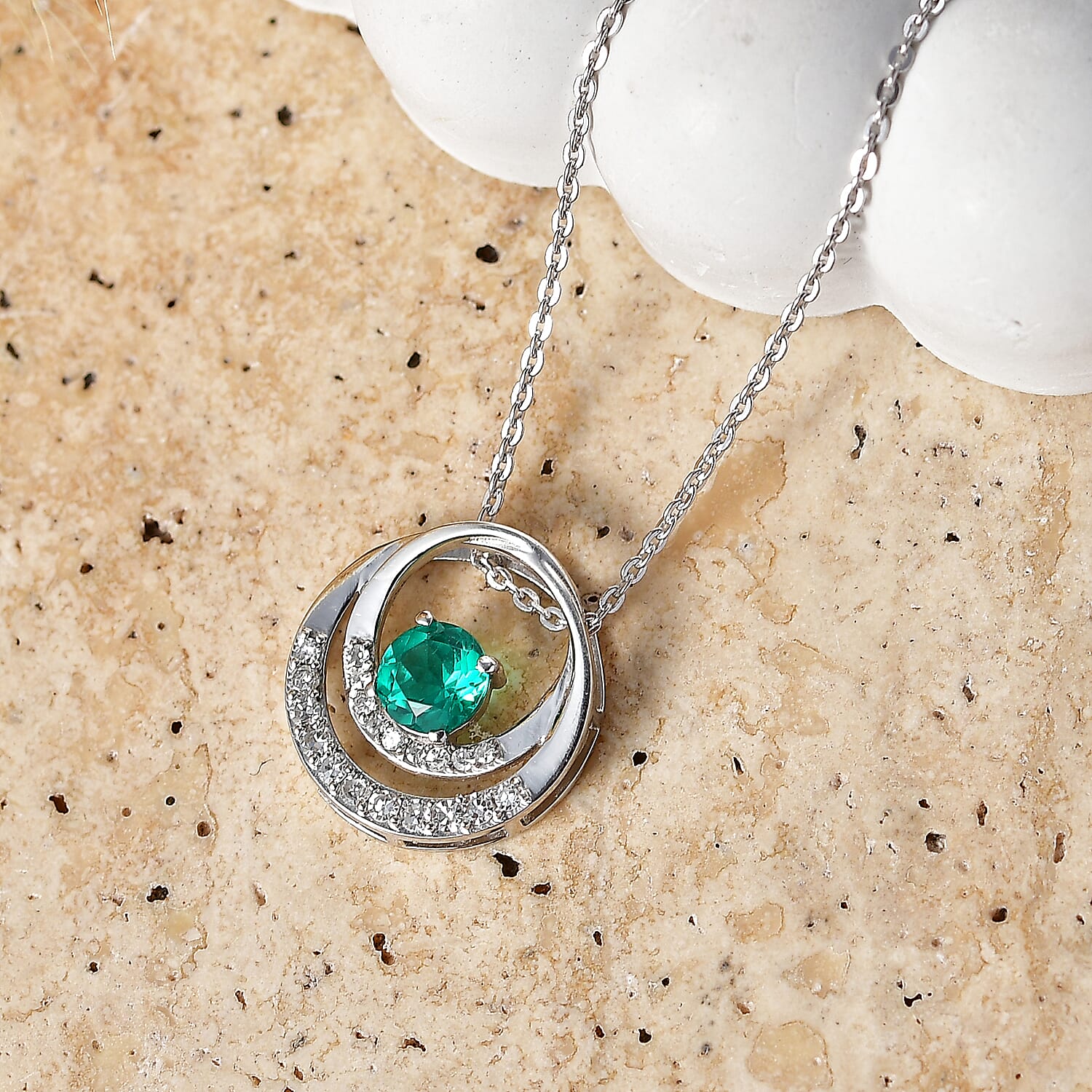 Luxuriant - AAA Lab Grown Columbian Emerald & Lab Grown Diamond (SI-G-H) Orbit Design Pendant with Chain (Size 20) in Rhodium Overlay Sterling Silver 0.67 Ct.