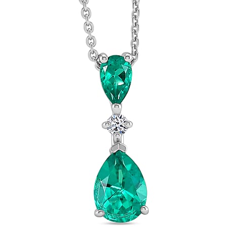 Luxuriant - AAA Lab Grown Columbian Emerald & Lab Grown Diamond (SI-G-H) Drop Pendant with Chain (Size 20) in Rhodium Overlay Sterling Silver 0.90 Ct.