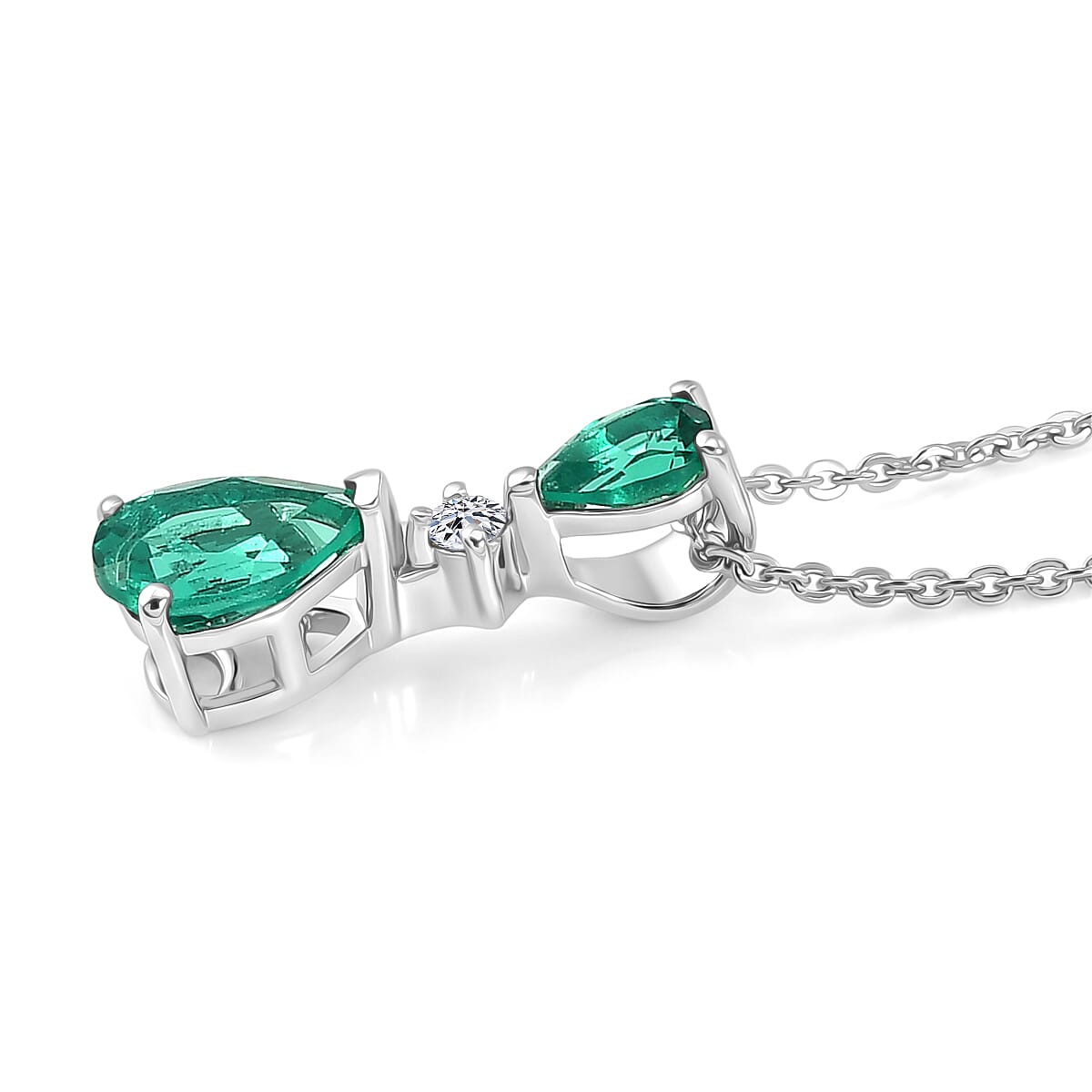 Luxuriant - AAA Lab Grown Columbian Emerald & Lab Grown Diamond (SI-G-H) Drop Pendant with Chain (Size 20) in Rhodium Overlay Sterling Silver 0.90 Ct.
