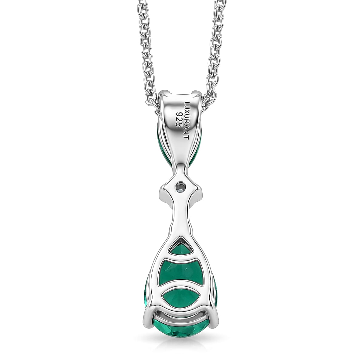 Luxuriant - AAA Lab Grown Columbian Emerald & Lab Grown Diamond (SI-G-H) Drop Pendant with Chain (Size 20) in Rhodium Overlay Sterling Silver 0.90 Ct.