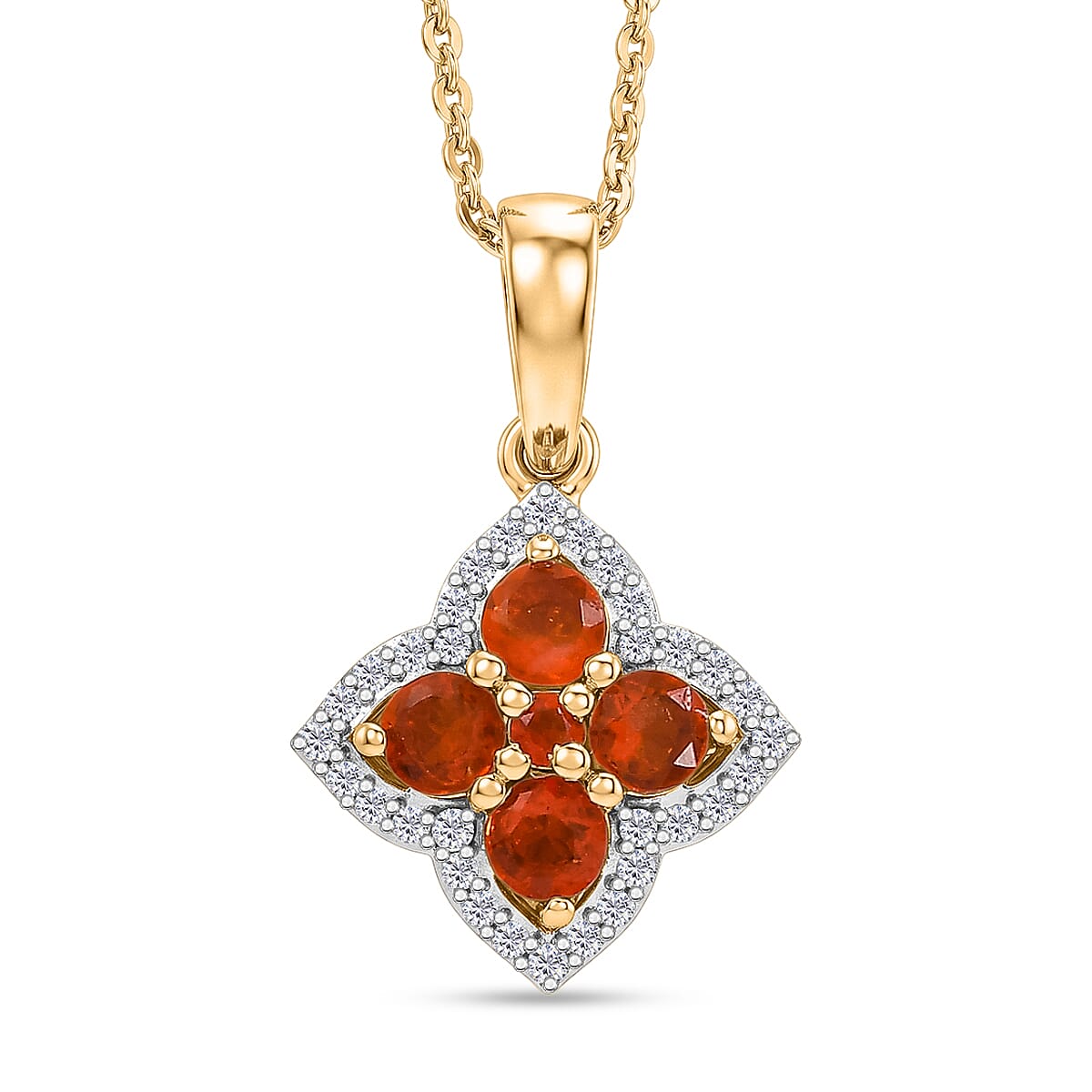 D'Joy - Fire Opal & White Zircon Pendant with Chain (Size 20) in Yellow Gold Plated Sterling Silver