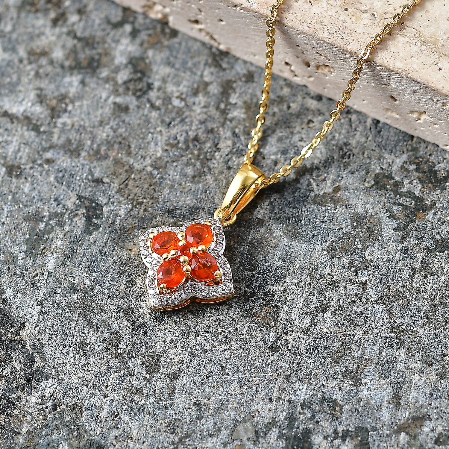 D'Joy - Fire Opal & White Zircon Pendant with Chain (Size 20) in Yellow Gold Plated Sterling Silver