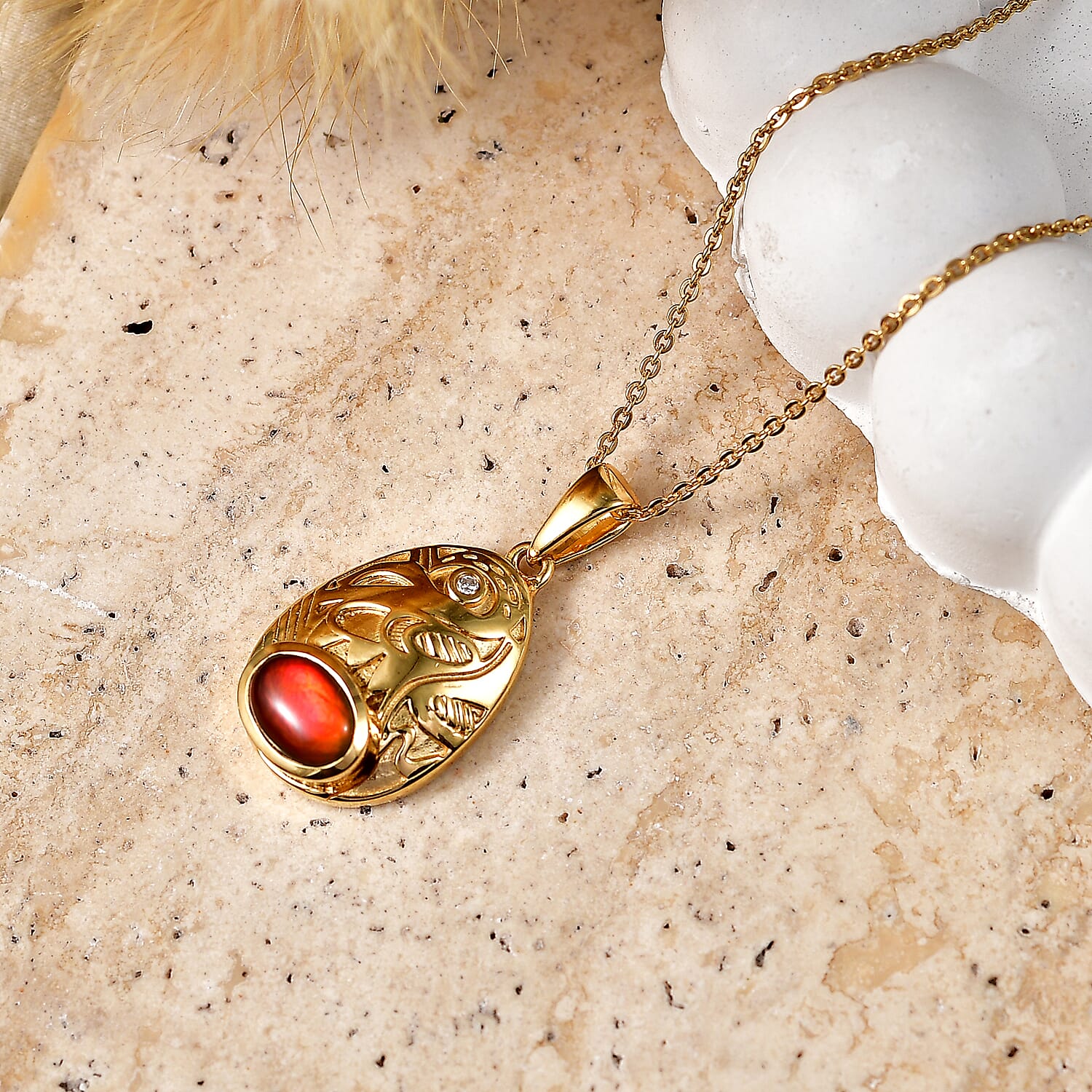 Luxuriant - Ammolite & Lab Grown Diamond (SI-G-H) Pendant with Chain (Size 20) in 18K Vermeil Yellow Gold Plated Sterling Silver 0.85 Ct.