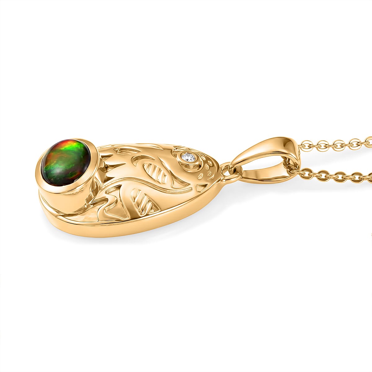 Luxuriant - Ammolite & Lab Grown Diamond (SI-G-H) Pendant with Chain (Size 20) in 18K Vermeil Yellow Gold Plated Sterling Silver 0.85 Ct.