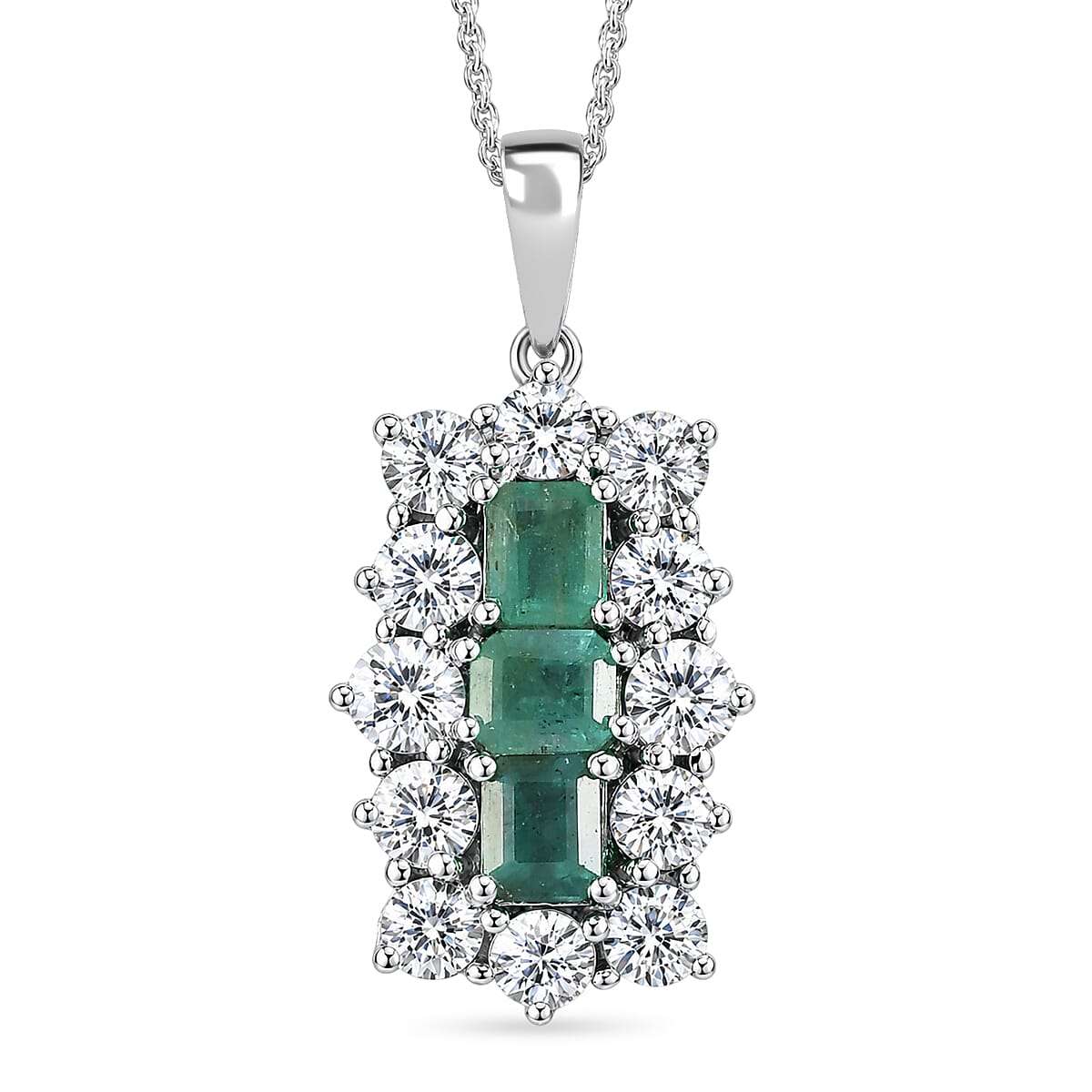 D'Joy - AAA Zambian Emerald & White Zircon Pendant with Chain (Size 20) in Rhodium Overlay Sterling Silver 4.90 Ct.