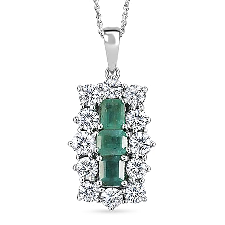 D'Joy - AAA Zambian Emerald & White Zircon Pendant with Chain (Size 20) in Rhodium Overlay Sterling Silver 4.90 Ct.
