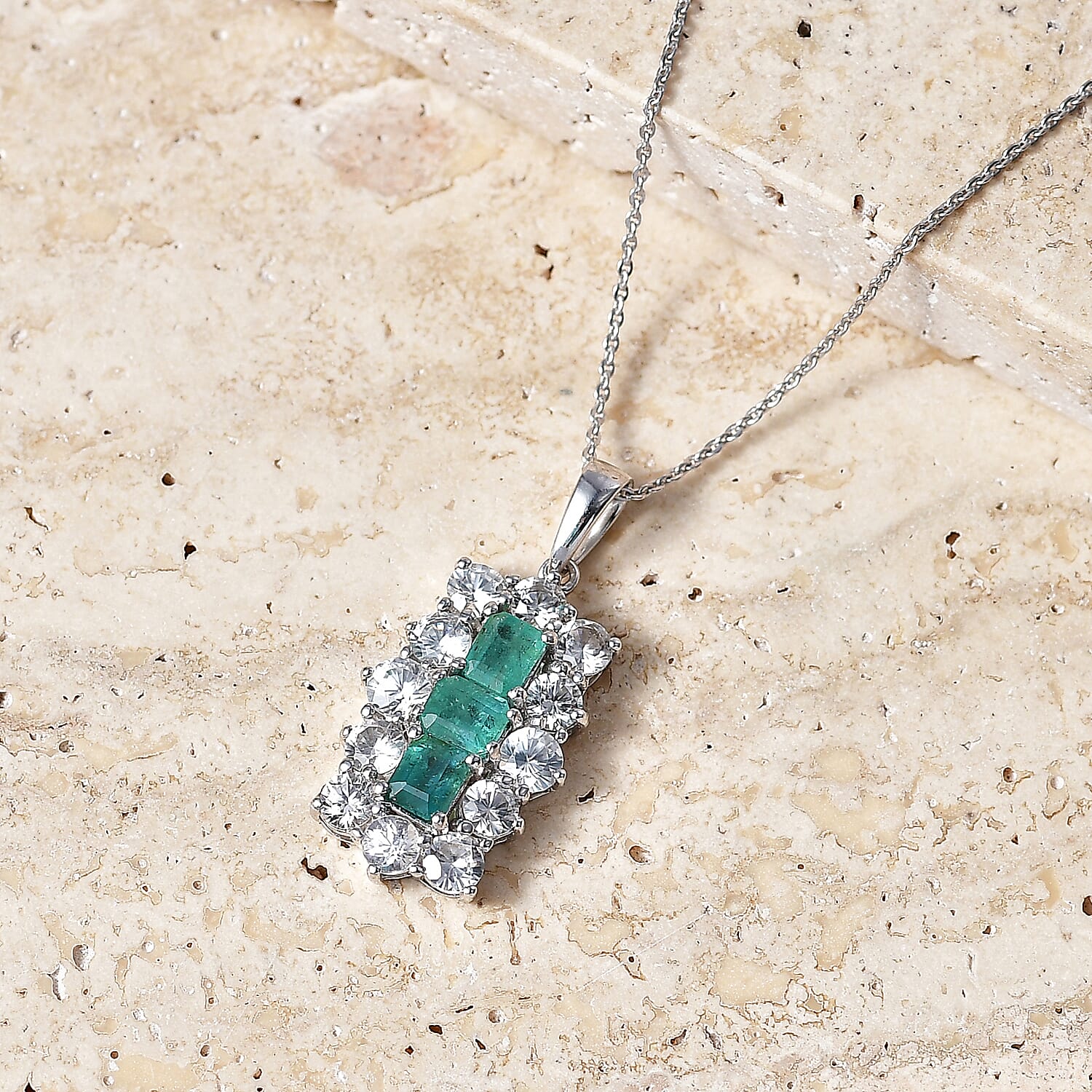 D'Joy - AAA Zambian Emerald & White Zircon Pendant with Chain (Size 20) in Rhodium Overlay Sterling Silver 4.90 Ct.