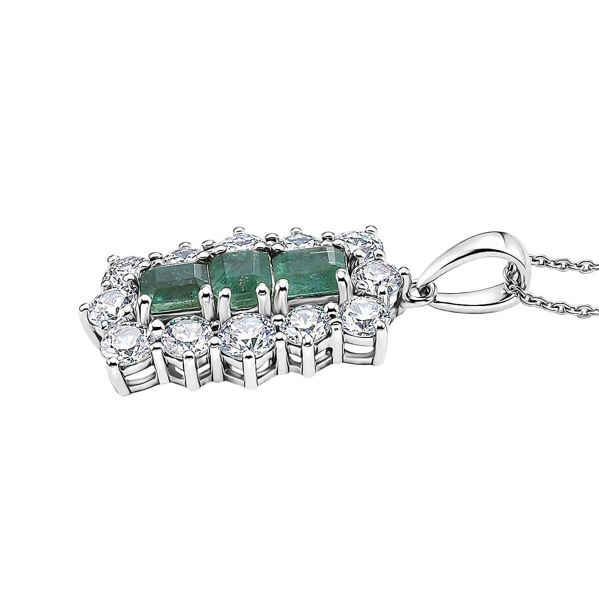 D'Joy - AAA Zambian Emerald & White Zircon Pendant with Chain (Size 20) in Rhodium Overlay Sterling Silver 4.90 Ct.
