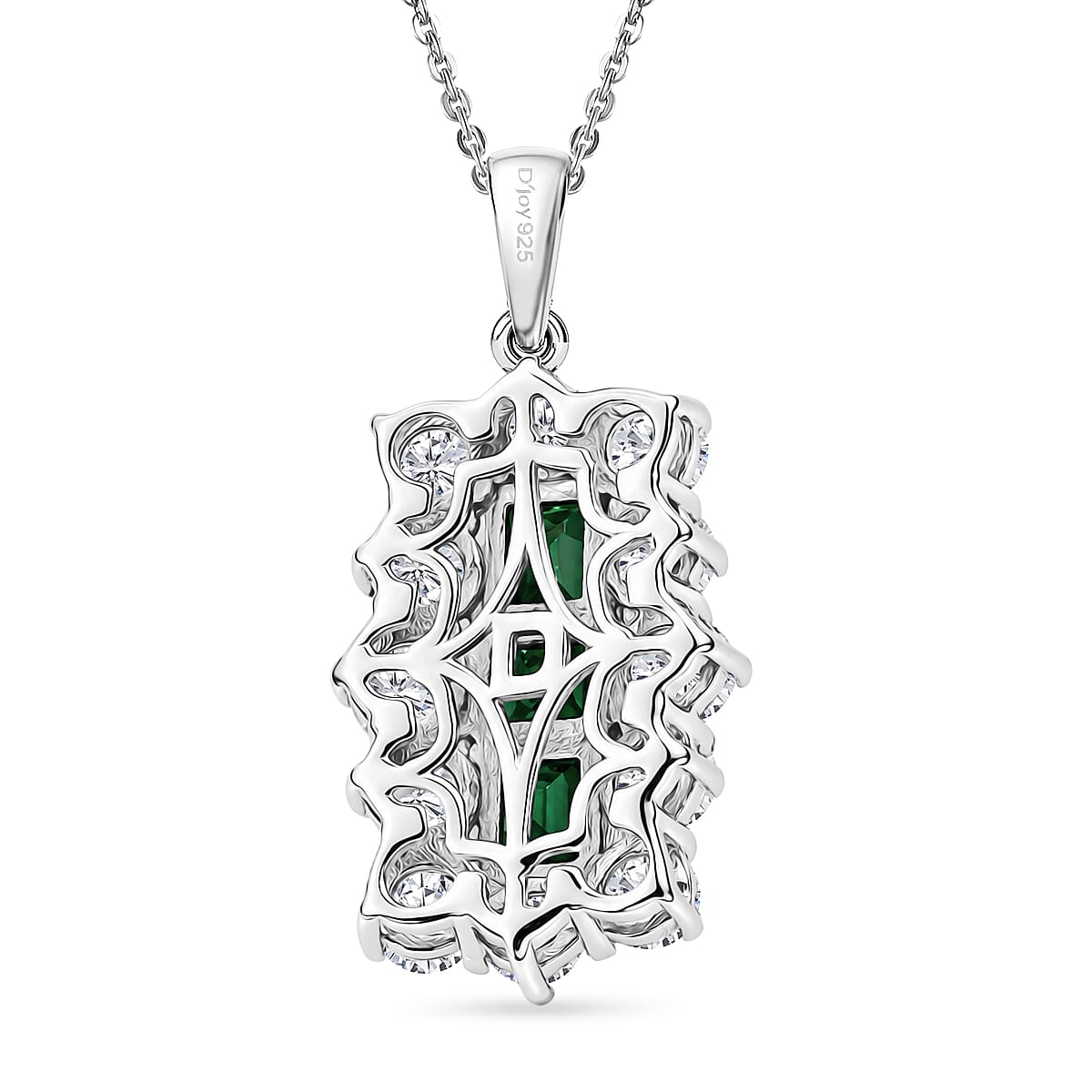 D'Joy - AAA Zambian Emerald & White Zircon Pendant with Chain (Size 20) in Rhodium Overlay Sterling Silver 4.90 Ct.