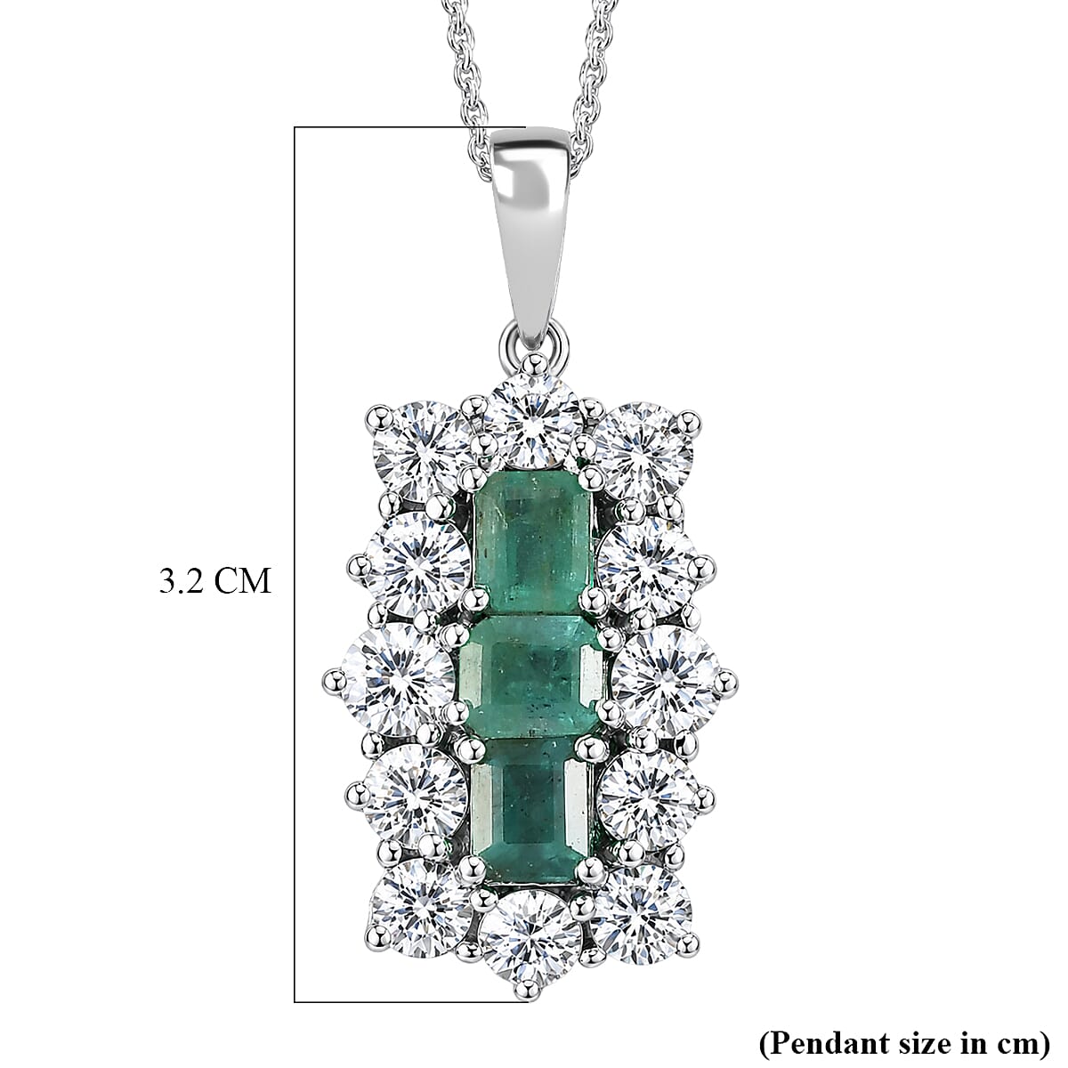 D'Joy - AAA Zambian Emerald & White Zircon Pendant with Chain (Size 20) in Rhodium Overlay Sterling Silver 4.90 Ct.