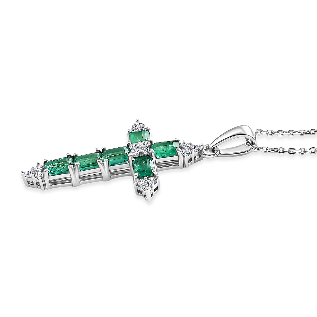 Luxuriant - AAA Zambian Emerald & Lab Grown Diamond (SI-G-H) Pendant with Chain (Size 20) in Rhodium Overlay Sterling Silver 1.50 Ct.