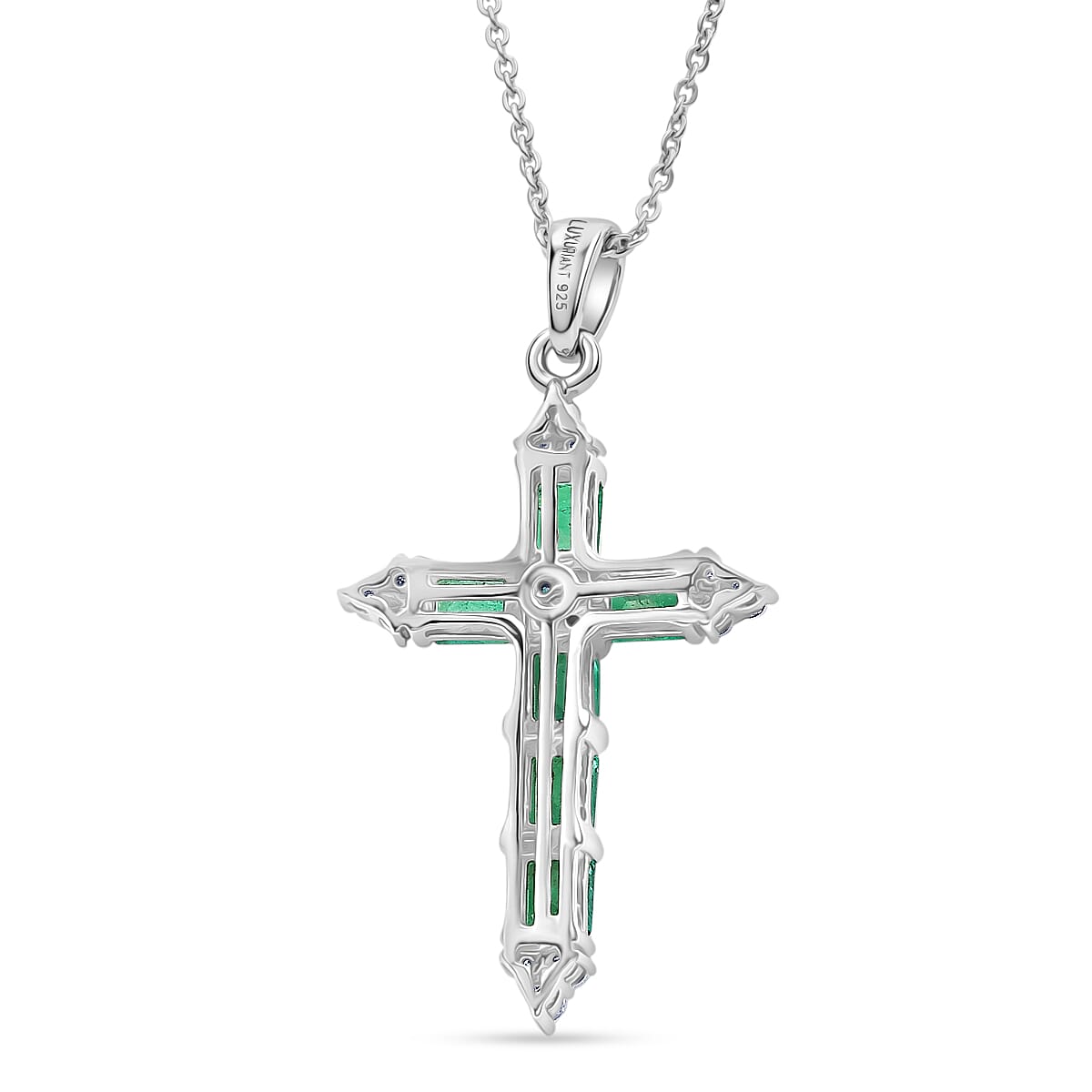 Luxuriant - AAA Zambian Emerald & Lab Grown Diamond (SI-G-H) Pendant with Chain (Size 20) in Rhodium Overlay Sterling Silver 1.50 Ct.
