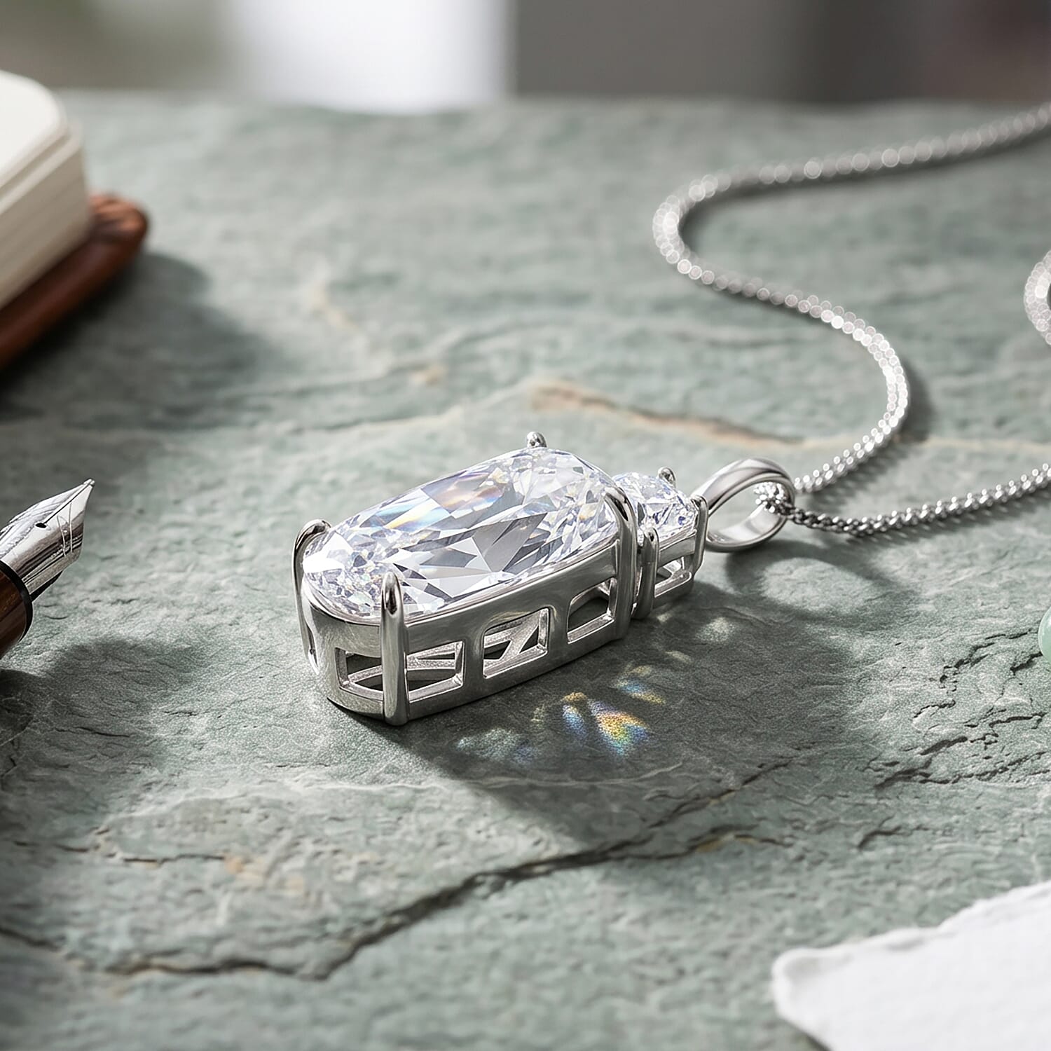 Moissanite Cushion Cut Pendant with Chain (Size 18) in Rhodium Overlay Sterling Silver 6.61 Ct.