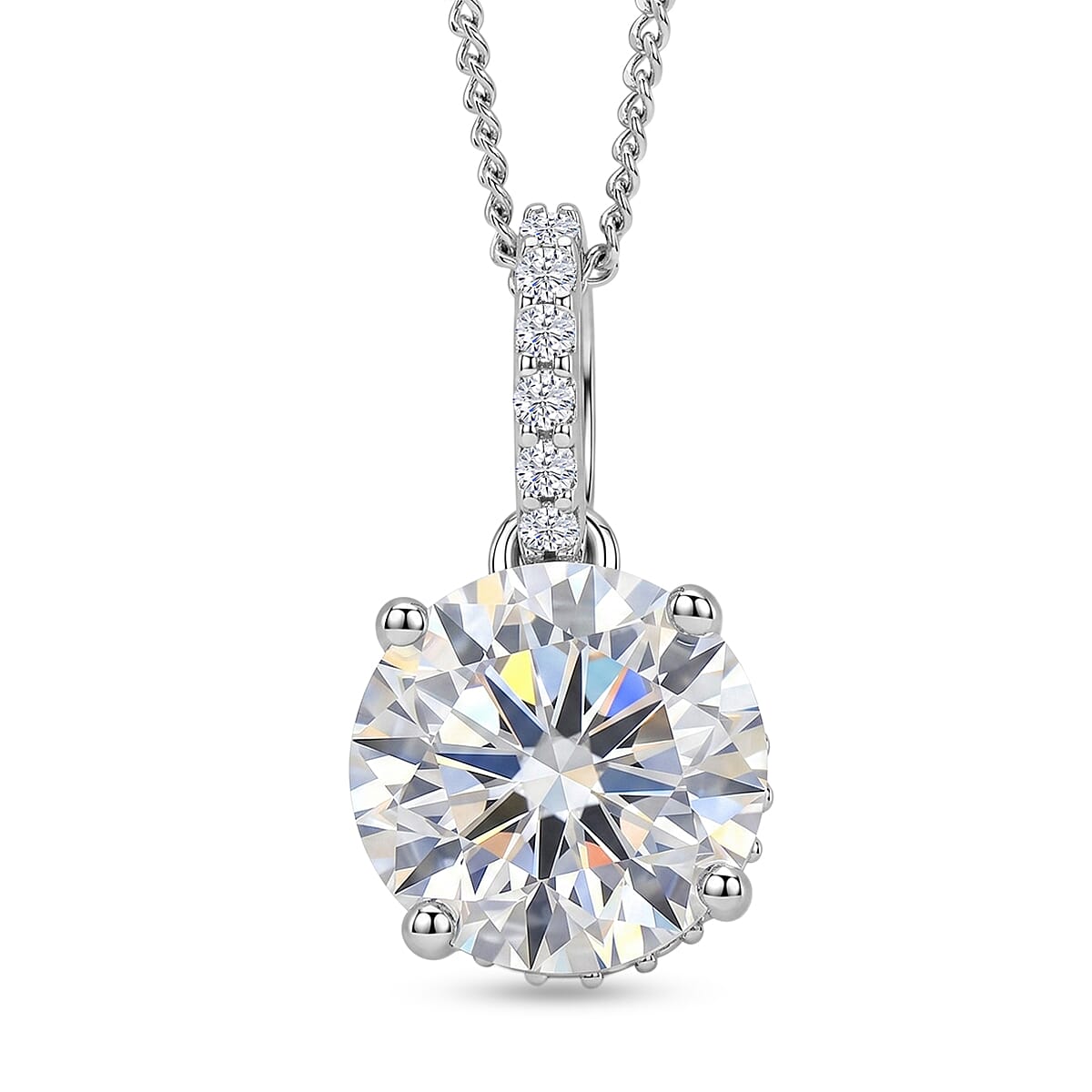 Crown inspired Moissanite Solitaire Pendant with Chain (Size 18) in Rhodium Overlay Sterling Silver 3.30 Ct.