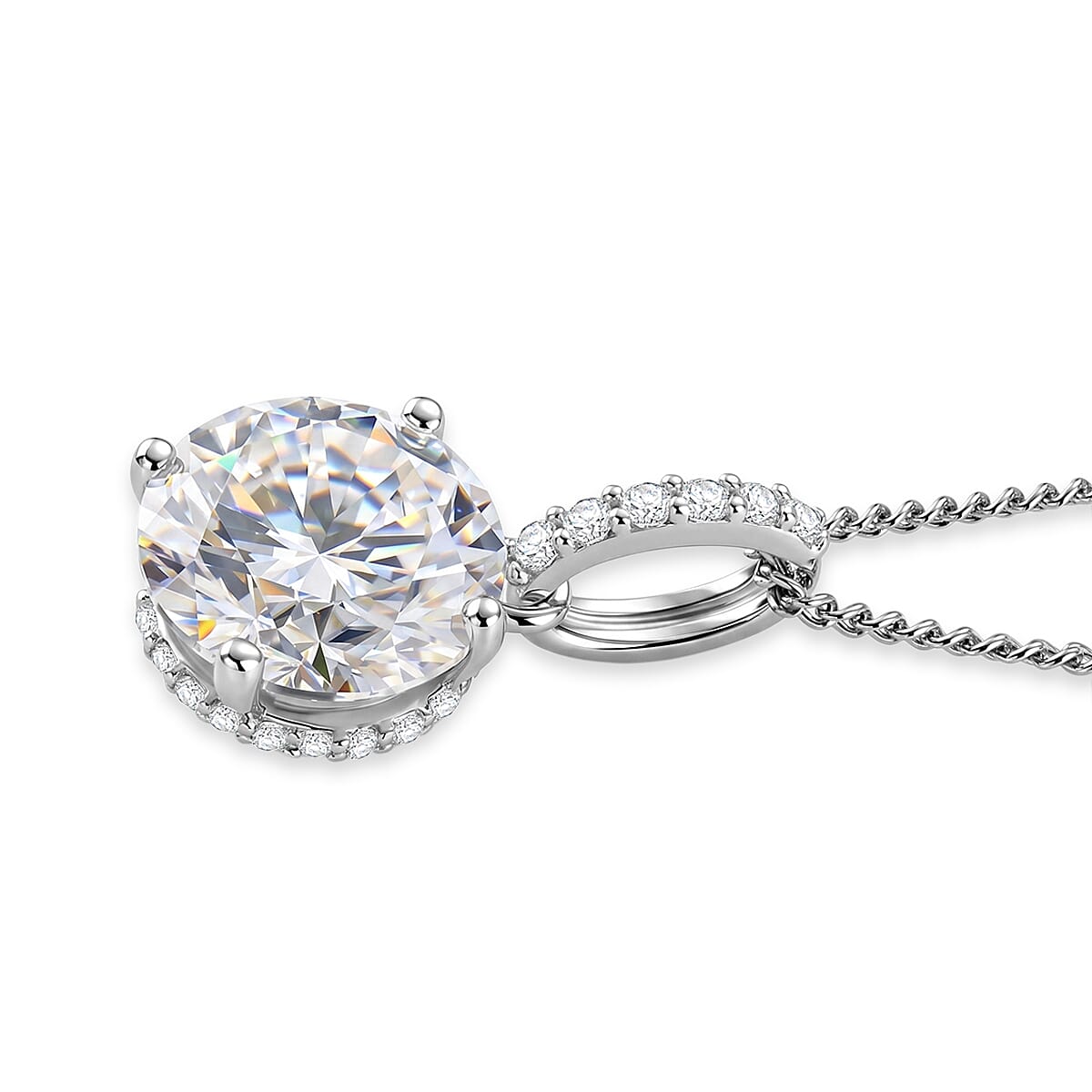 Crown inspired Moissanite Solitaire Pendant with Chain (Size 18) in Rhodium Overlay Sterling Silver 3.30 Ct.