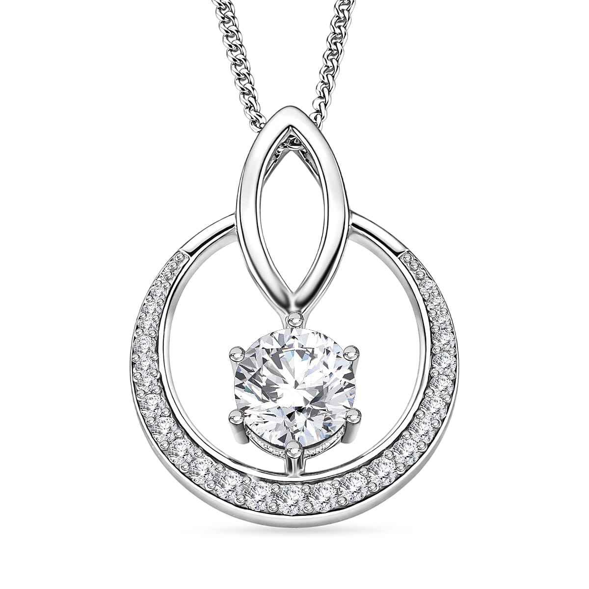 Moissanite Circle Drop Pendant with Chain (Size 18) in Rhodium Overlay Sterling Silver 1.00 Ct.