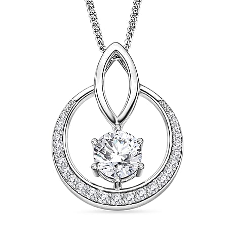 Moissanite Circle Drop Pendant with Chain (Size 18) in Rhodium Overlay Sterling Silver 1.00 Ct.