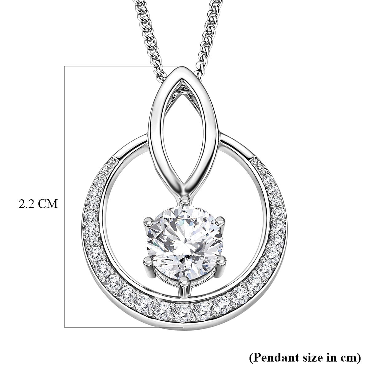 Moissanite Circle Drop Pendant with Chain (Size 18) in Rhodium Overlay Sterling Silver 1.00 Ct.