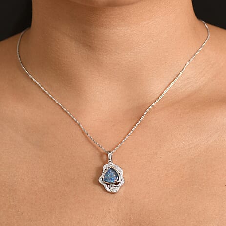 D'Joy - Boulder Opal Triplet & White Zircon Pendant with Chain (Size 20) in Rhodium Overlay Sterling Silver 2.50 Ct.