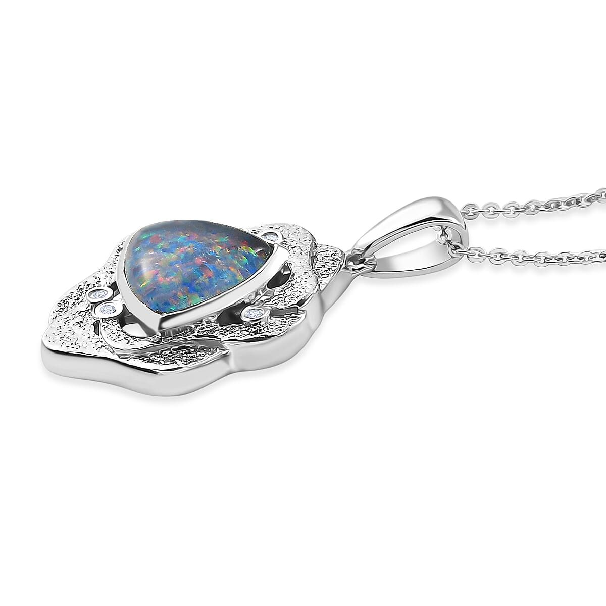 D'Joy - Boulder Opal Triplet & White Zircon Pendant with Chain (Size 20) in Rhodium Overlay Sterling Silver 2.50 Ct.