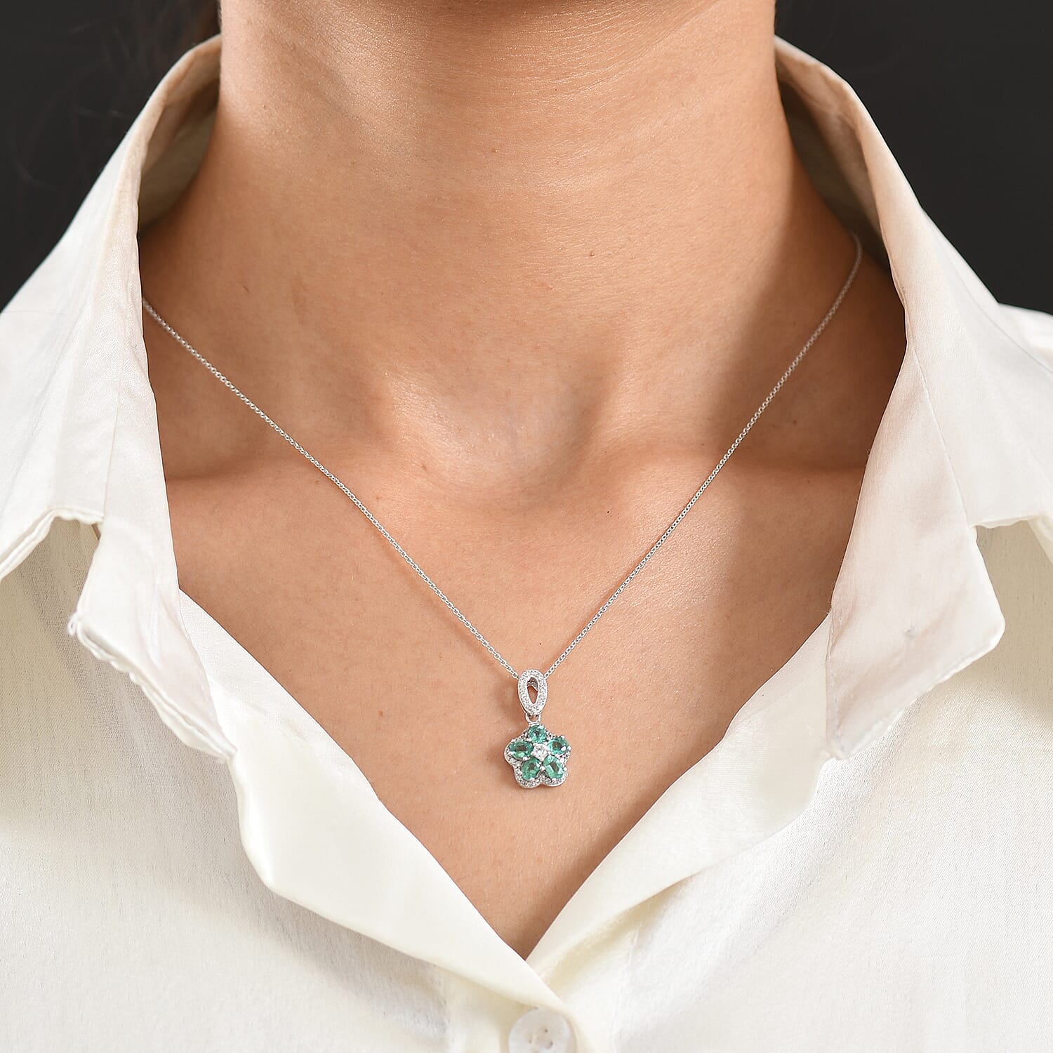 D'Joy - AAA Zambian Emerald & White Zircon Pendant with Chain (Size 20) in Rhodium Overlay Sterling Silver 1.25 Ct.