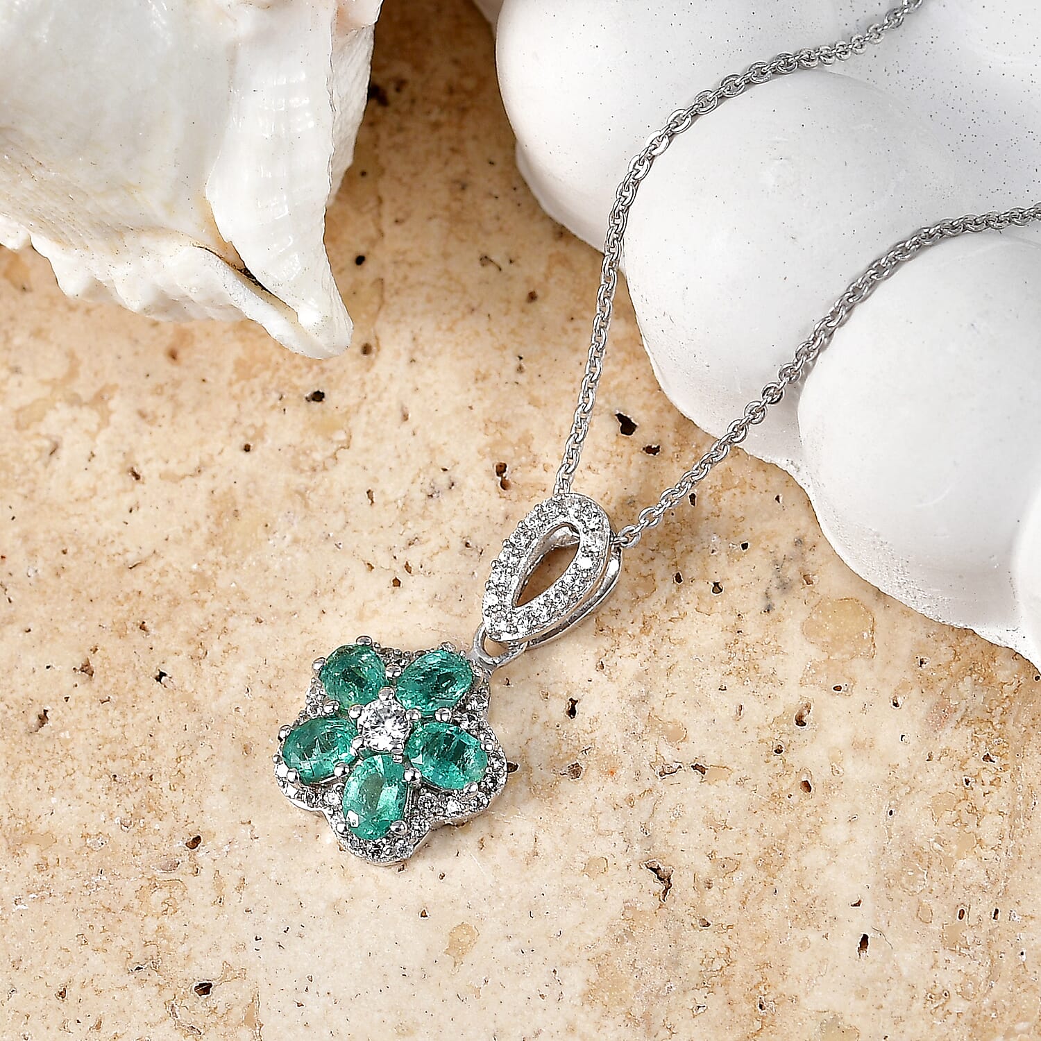 D'Joy - AAA Zambian Emerald & White Zircon Pendant with Chain (Size 20) in Rhodium Overlay Sterling Silver 1.25 Ct.