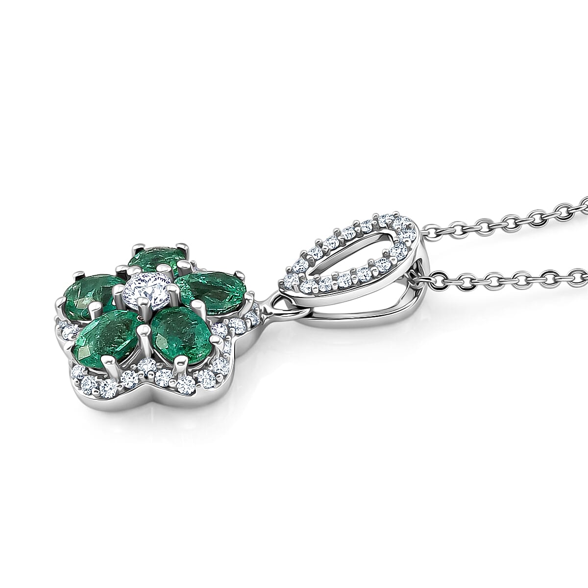 D'Joy - AAA Zambian Emerald & White Zircon Pendant with Chain (Size 20) in Rhodium Overlay Sterling Silver 1.25 Ct.