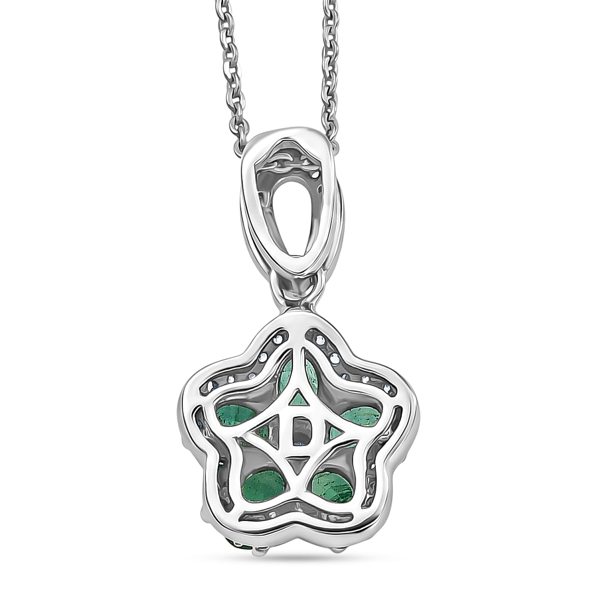 D'Joy - AAA Zambian Emerald & White Zircon Pendant with Chain (Size 20) in Rhodium Overlay Sterling Silver 1.25 Ct.