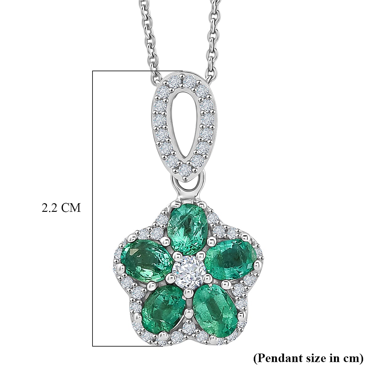 D'Joy - AAA Zambian Emerald & White Zircon Pendant with Chain (Size 20) in Rhodium Overlay Sterling Silver 1.25 Ct.