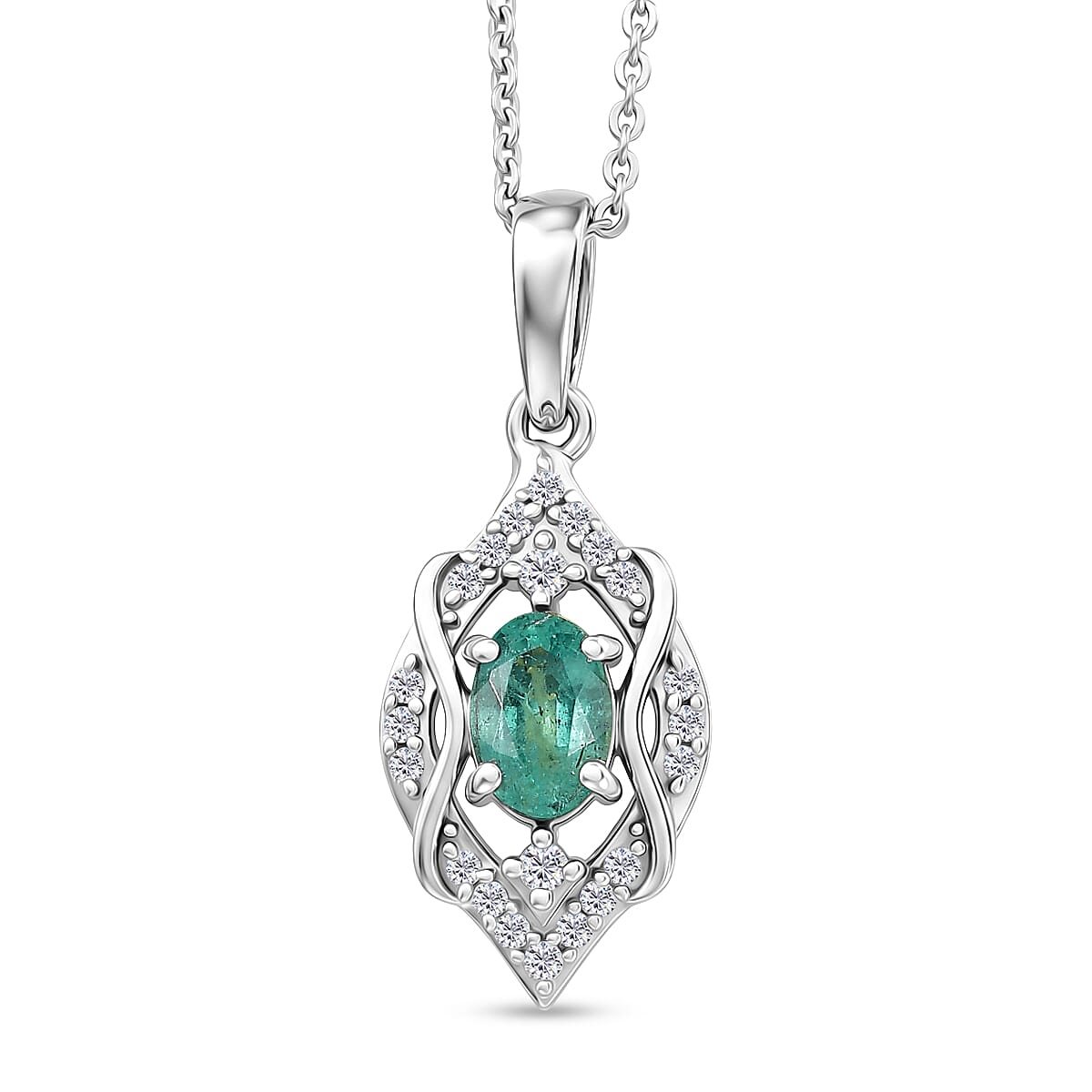 D'Joy - AAA Zambian Emerald & White Zircon Pendant with Chain (Size 20) in Rhodium Overlay Sterling Silver