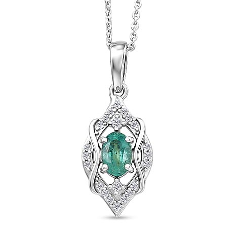 D'Joy - AAA Zambian Emerald & White Zircon Pendant with Chain (Size 20) in Rhodium Overlay Sterling Silver