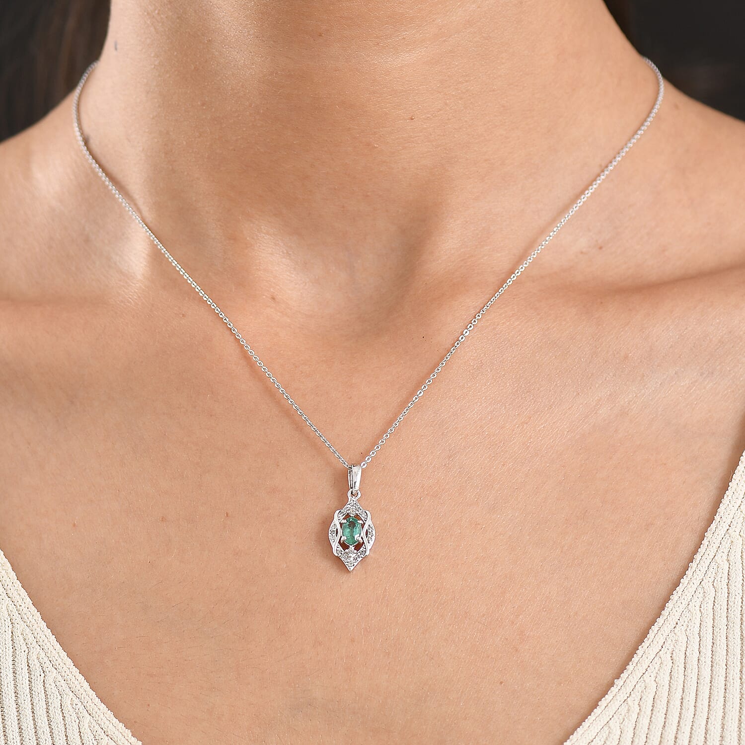 D'Joy - AAA Zambian Emerald & White Zircon Pendant with Chain (Size 20) in Rhodium Overlay Sterling Silver