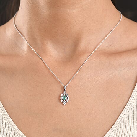 D'Joy - AAA Zambian Emerald & White Zircon Pendant with Chain (Size 20) in Rhodium Overlay Sterling Silver