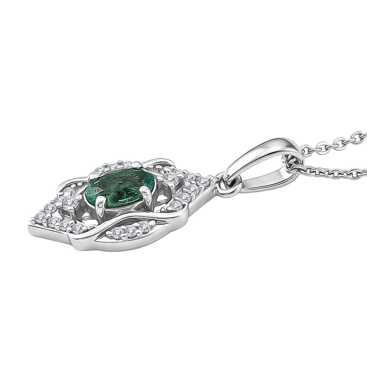 D'Joy - AAA Zambian Emerald & White Zircon Pendant with Chain (Size 20) in Rhodium Overlay Sterling Silver